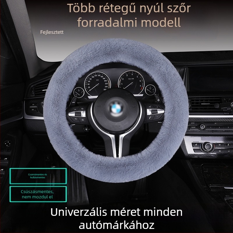 Nyúlszőr kormányvédő készlet – csúszásmentes, meleg, univerzális illeszkedés, tartalmaz nyúlszőr üléspárnát