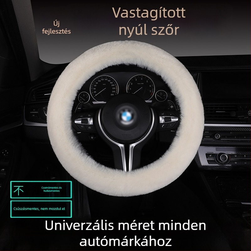 Nyúlszőr kormányvédő készlet – csúszásmentes, meleg, univerzális illeszkedés, tartalmaz nyúlszőr üléspárnát