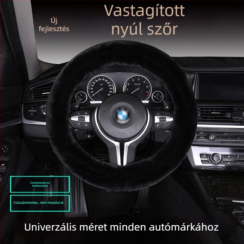 Nyúlszőr kormányvédő készlet – csúszásmentes, meleg, univerzális illeszkedés, tartalmaz nyúlszőr üléspárnát