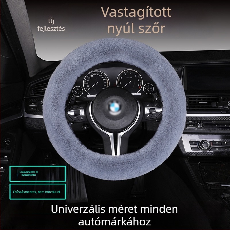Nyúlszőr kormányvédő készlet – csúszásmentes, meleg, univerzális illeszkedés, tartalmaz nyúlszőr üléspárnát