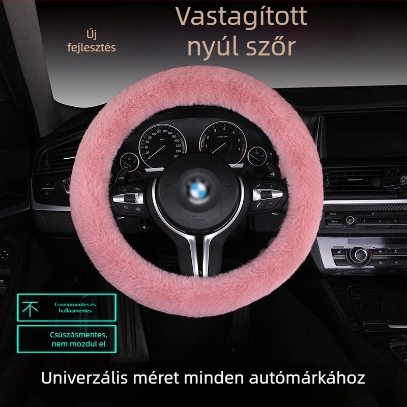 Nyúlszőr kormányvédő készlet – csúszásmentes, meleg, univerzális illeszkedés, tartalmaz nyúlszőr üléspárnát