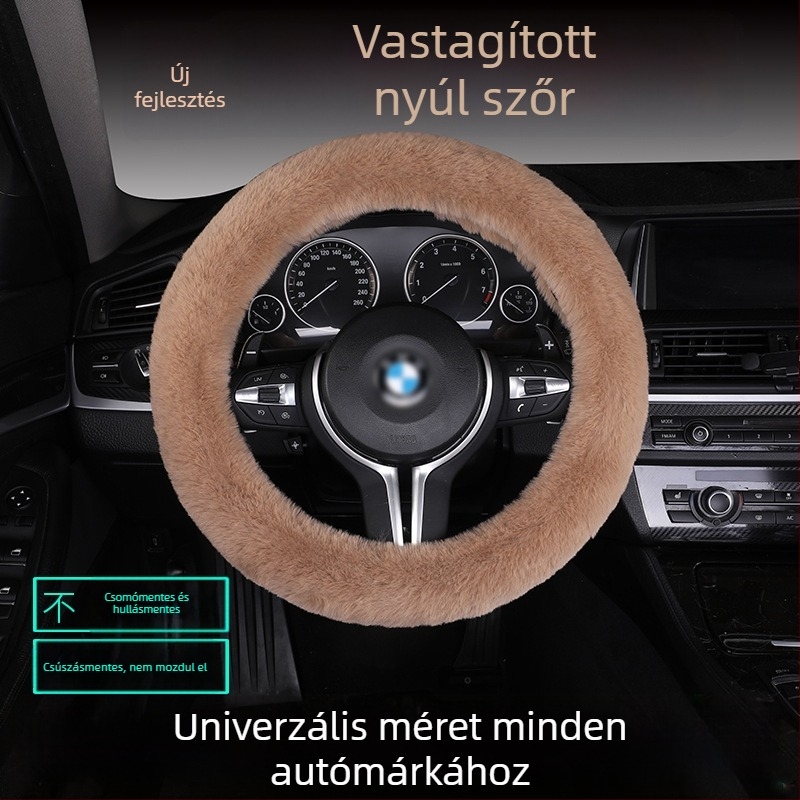 Nyúlszőr kormányvédő készlet – csúszásmentes, meleg, univerzális illeszkedés, tartalmaz nyúlszőr üléspárnát