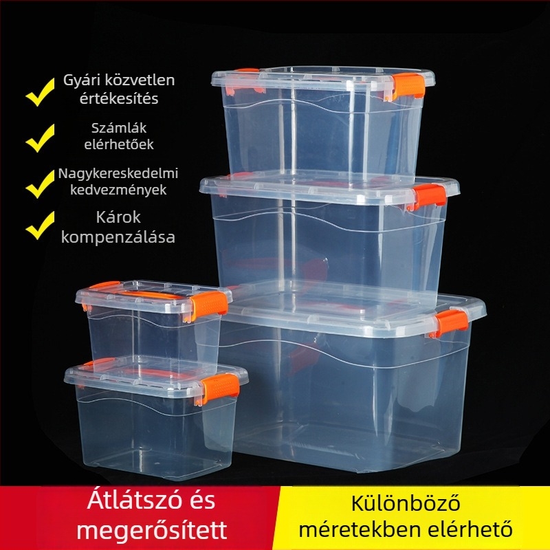Fedéllel ellátott tároló doboz, áttetsző PP anyagból, vastagított, víz- és porálló, kézben vihető