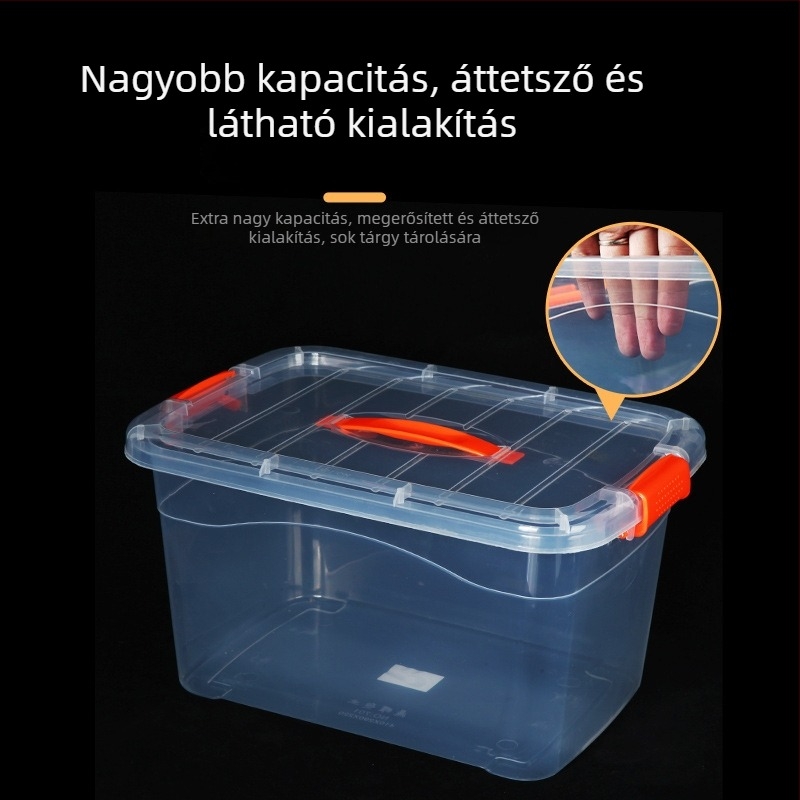 Fedéllel ellátott tároló doboz, áttetsző PP anyagból, vastagított, víz- és porálló, kézben vihető