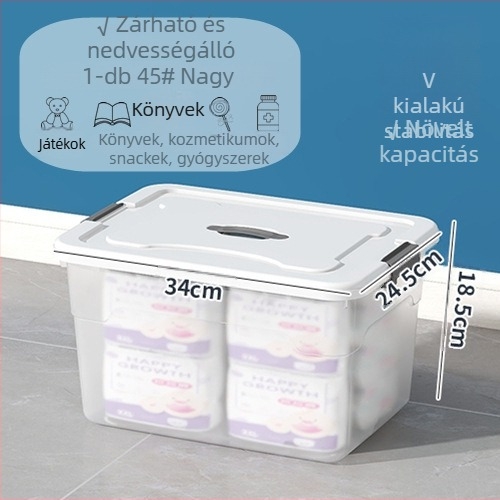 Átlátszó műanyag tároló doboz, PP anyag, 110L kapacitás, halmozható fedéllel, modell 8001-8008; autóhoz, otthonhoz és kollégiumhoz