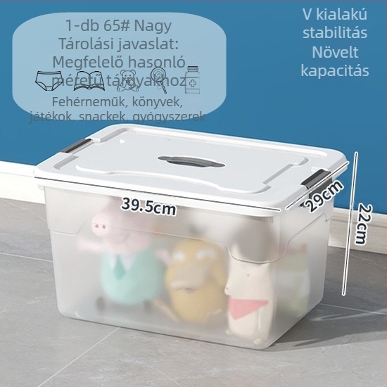 Átlátszó műanyag tároló doboz, PP anyag, 110L kapacitás, halmozható fedéllel, modell 8001-8008; autóhoz, otthonhoz és kollégiumhoz
