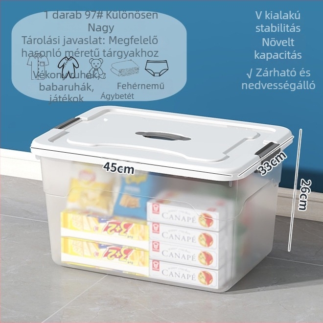 Átlátszó műanyag tároló doboz, PP anyag, 110L kapacitás, halmozható fedéllel, modell 8001-8008; autóhoz, otthonhoz és kollégiumhoz
