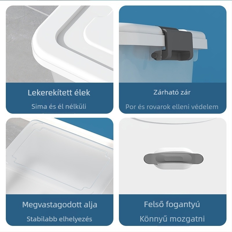 Átlátszó műanyag tároló doboz, PP anyag, 110L kapacitás, halmozható fedéllel, modell 8001-8008; autóhoz, otthonhoz és kollégiumhoz