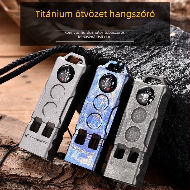 Túlélő síp iránytűvel, titánötvözet, kettős cső, 26 g, testreszabható logó, túrázásra és kempingezésre