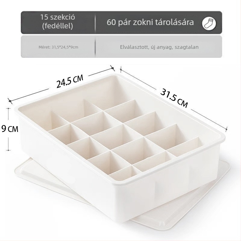 Műanyag fehérnemű-tároló doboz fedéllel és osztókkal, 3-in-1 kialakítás, porvédett; rekesz opciók: 0, 10 vagy 15 rekesz.