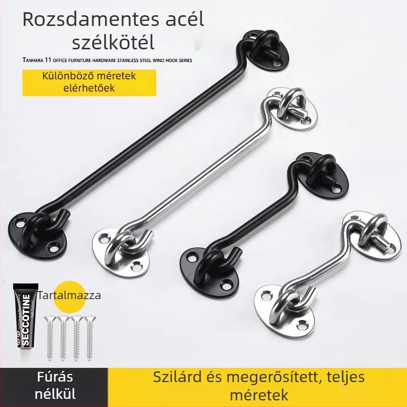 Rozsdamentes acél ablak horog – modell Window Wind Hook, Anyag: rozsdamentes acél, Felület: polírozott elektroplatázás, Használat: ajtó/ablak zár, Márka: Three Cats