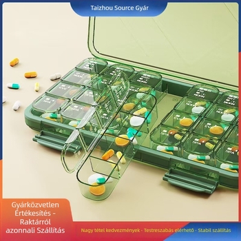 Elválasztott gyógyszeres doboz, PP műanyag, hordozható, rekeszekkel, flip-top fedél