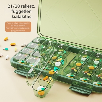 Elválasztott gyógyszeres doboz, PP műanyag, hordozható, rekeszekkel, flip-top fedél