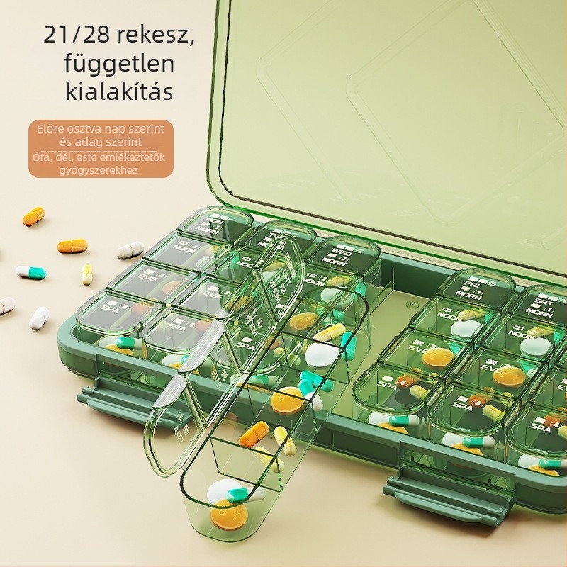Elválasztott gyógyszeres doboz, PP műanyag, hordozható, rekeszekkel, flip-top fedél