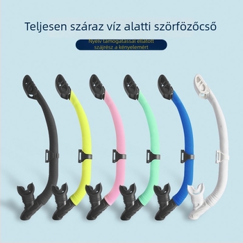 Teljesen száraz sznorkel, lebegő típusú alatti légzőberendezés, nyelv-támasztó szájrész, anyagok: folyékony szilikon + PVC, felnőtteknek