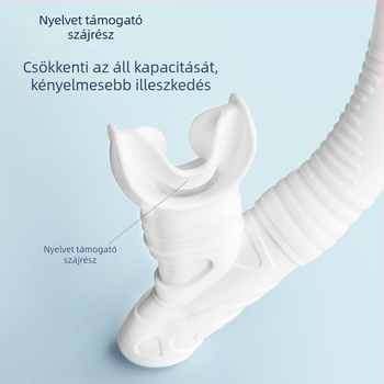 Teljesen száraz sznorkel, lebegő típusú alatti légzőberendezés, nyelv-támasztó szájrész, anyagok: folyékony szilikon + PVC, felnőtteknek