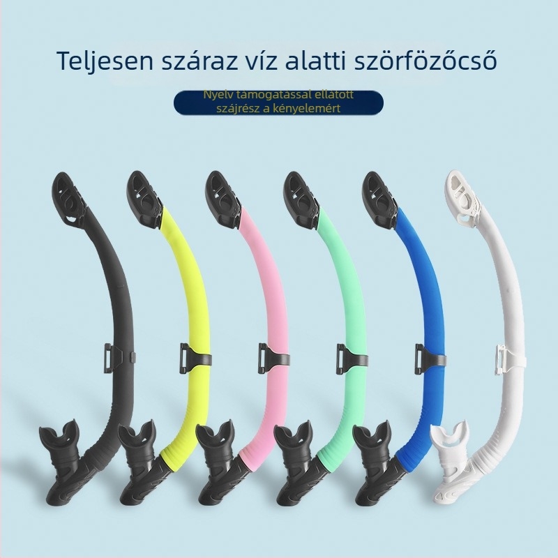 Teljesen száraz sznorkel, lebegő típusú alatti légzőberendezés, nyelv-támasztó szájrész, anyagok: folyékony szilikon + PVC, felnőtteknek