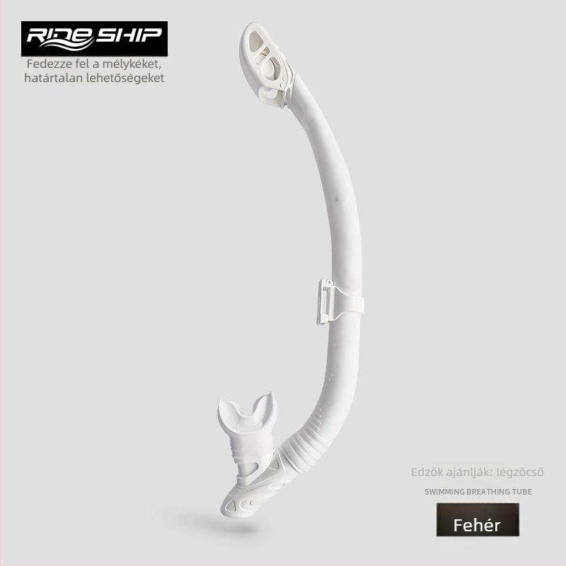 Teljesen száraz sznorkel, lebegő típusú alatti légzőberendezés, nyelv-támasztó szájrész, anyagok: folyékony szilikon + PVC, felnőtteknek