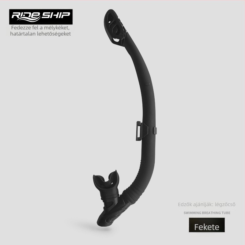 Teljesen száraz sznorkel, lebegő típusú alatti légzőberendezés, nyelv-támasztó szájrész, anyagok: folyékony szilikon + PVC, felnőtteknek