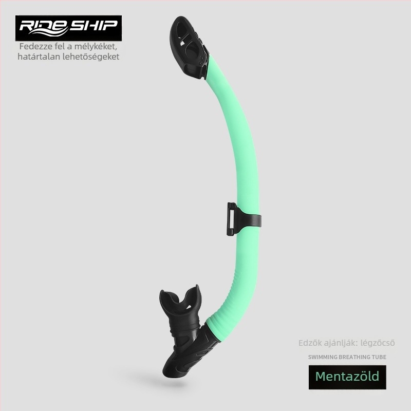 Teljesen száraz sznorkel, lebegő típusú alatti légzőberendezés, nyelv-támasztó szájrész, anyagok: folyékony szilikon + PVC, felnőtteknek