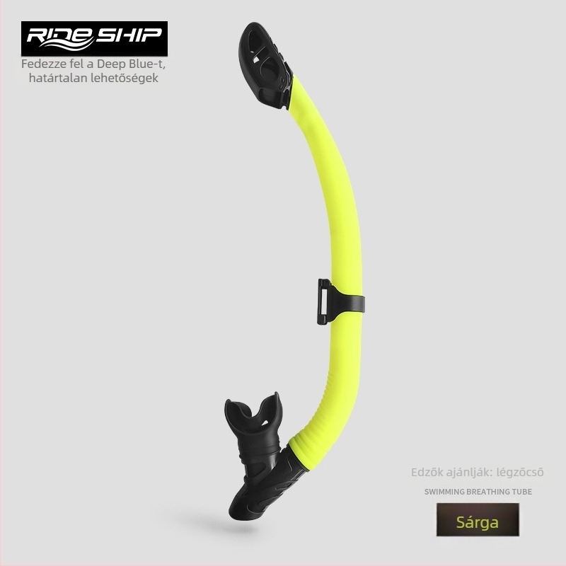 Teljesen száraz sznorkel, lebegő típusú alatti légzőberendezés, nyelv-támasztó szájrész, anyagok: folyékony szilikon + PVC, felnőtteknek