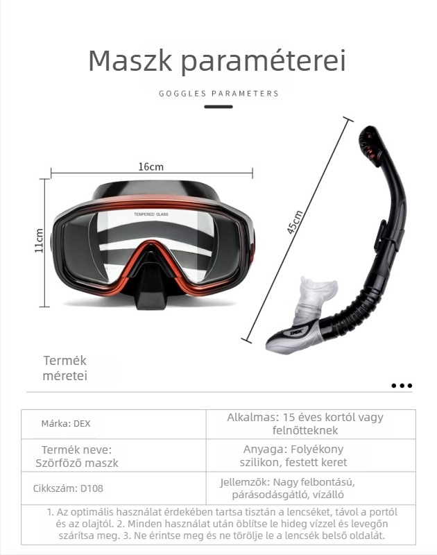 Búvár szemüveg száraz légzőcsővel és antifog lencsékkel – háromrészes snorkel-készlet