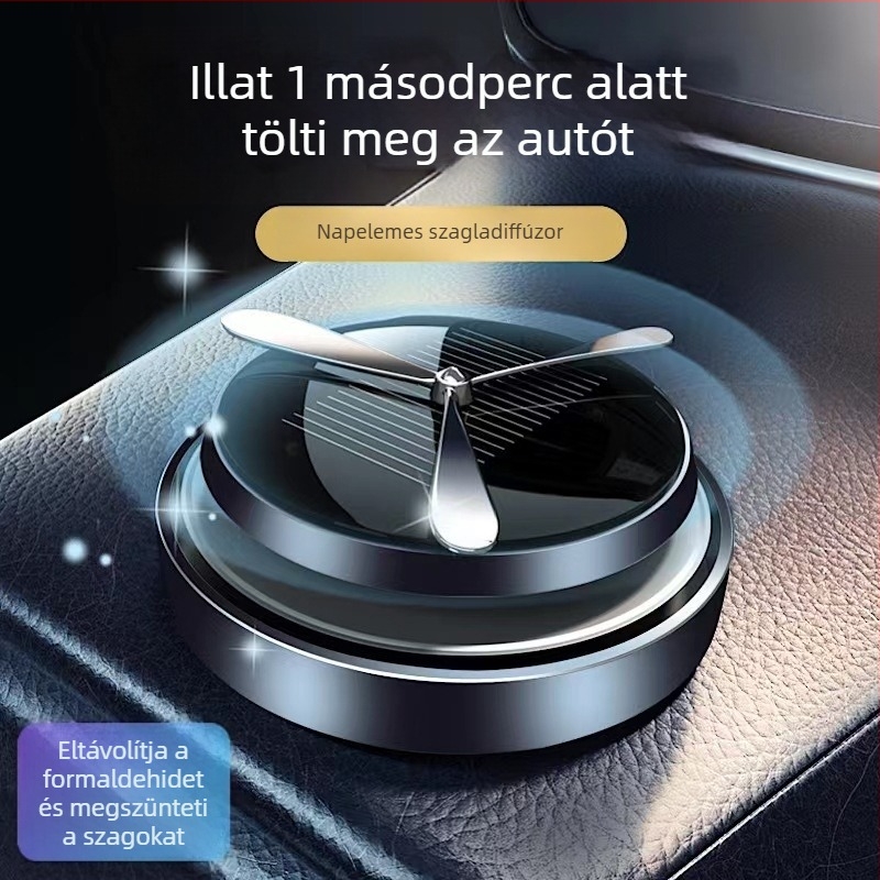Autóba szánt aromaterápiás dísz napelemes forgófunkcióval – Ülésanyag: alumíniumötvözet, fa tónusú illat, Osmanthus Sea Lemon illat, párolgási idő 1–15 nap