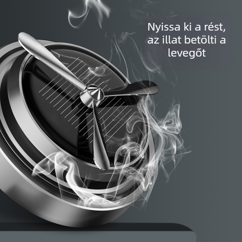 Autóba szánt aromaterápiás dísz napelemes forgófunkcióval – Ülésanyag: alumíniumötvözet, fa tónusú illat, Osmanthus Sea Lemon illat, párolgási idő 1–15 nap
