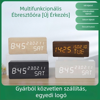 Fából készült ébresztőóra LED-kijelzővel, csendes kvarc mozgás, hőmérő, páratartalom és naptár