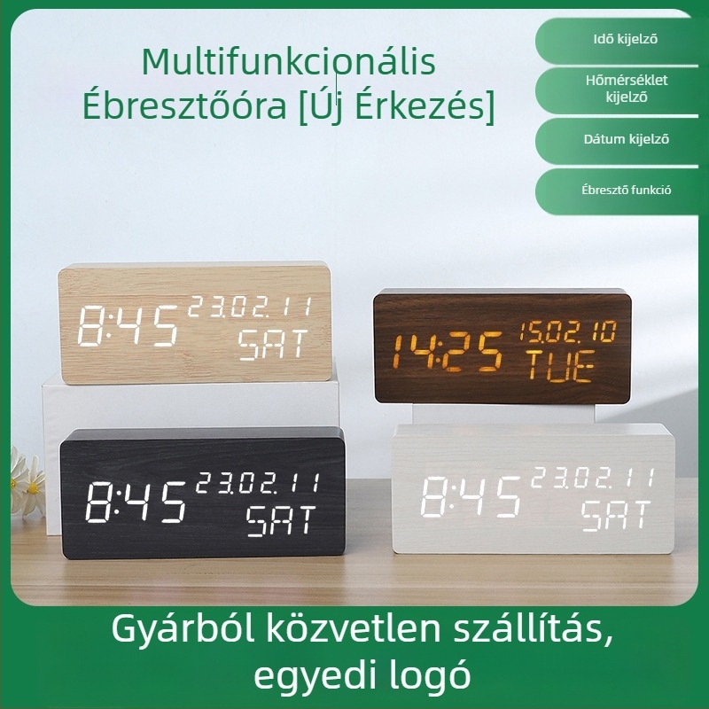 Fából készült ébresztőóra LED-kijelzővel, csendes kvarc mozgás, hőmérő, páratartalom és naptár