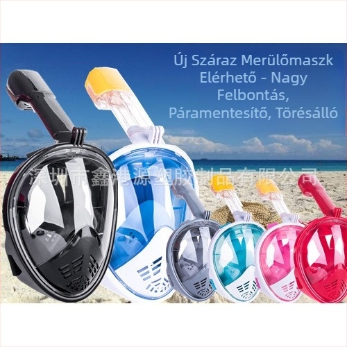 Száraz teljes arcú búvármaszk snorkelhez, GoPro-kompatibilis; anyagok: szilikon, ABS, PC
