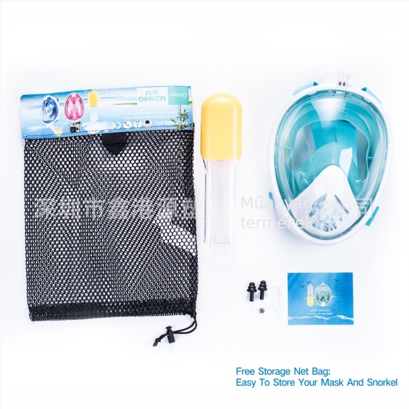 Száraz teljes arcú búvármaszk snorkelhez, GoPro-kompatibilis; anyagok: szilikon, ABS, PC
