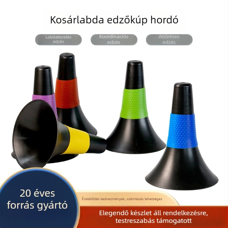 Kosárlabda-edzés konusz készlet jelzőkonuszokkal és konus alakú vödörrel a labda kezelésére és visszajuttatására
