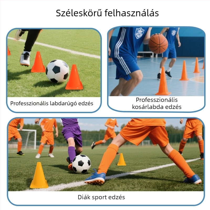 18 cm jelzőkúp, 23 cm kúp labdás edzéshez, 32 cm akadályjelzők a futball-edzéshez