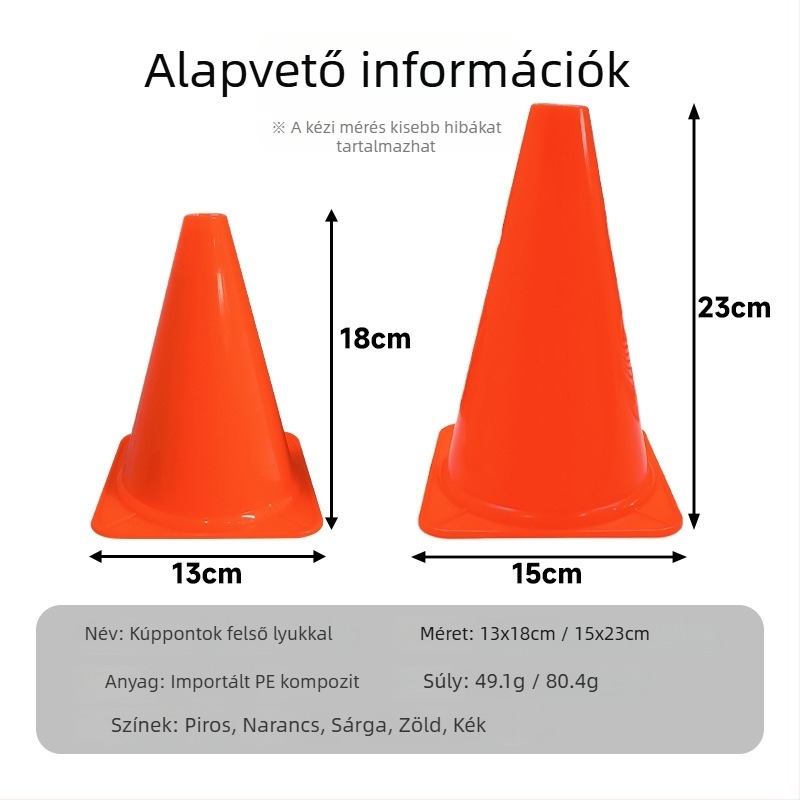 18 cm jelzőkúp, 23 cm kúp labdás edzéshez, 32 cm akadályjelzők a futball-edzéshez