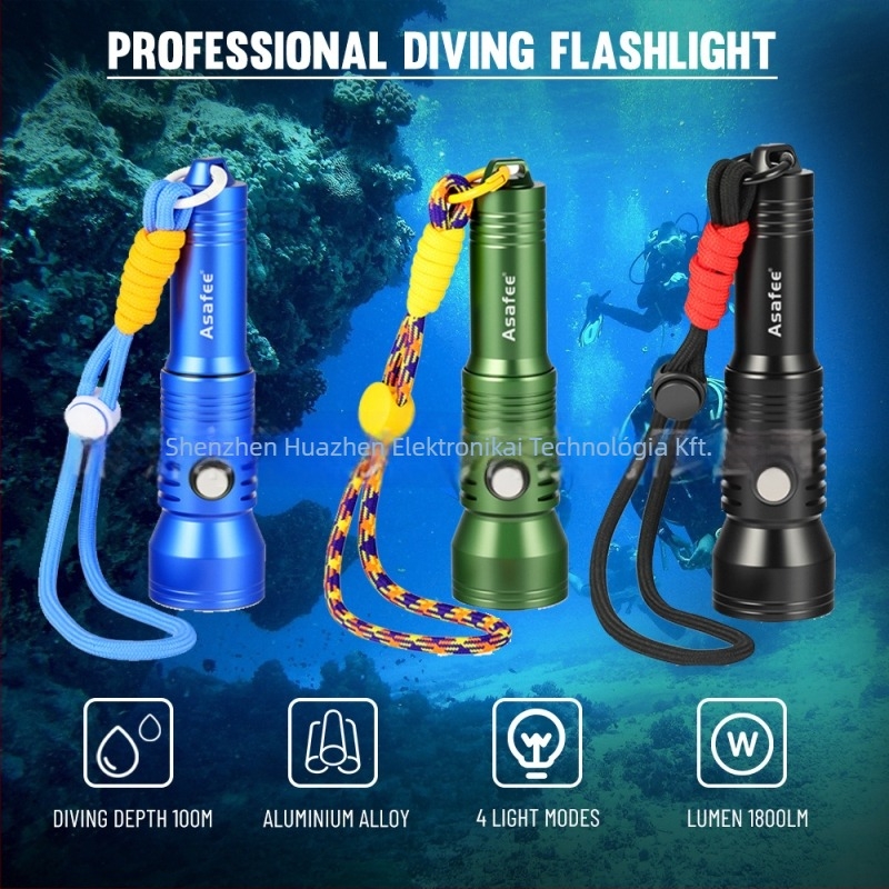 Víz alatti búvárlámpa — 2000 lumen, kapcsoló és teljesítmény kijelző, alumínium ötvözet, Asafee