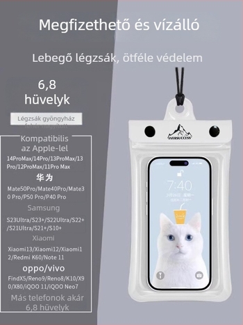 Vízálló telefontáska vízi sportokhoz, átlátszó PVC tok érintőképernyő-hozzáféréssel, lezárva száraz–nedves szétválasztással