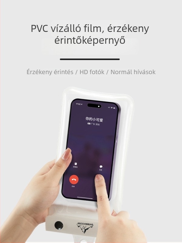 Vízálló telefontáska vízi sportokhoz, átlátszó PVC tok érintőképernyő-hozzáféréssel, lezárva száraz–nedves szétválasztással