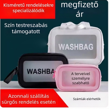 Kozmetikai neszesszer egyedi logóval, matt átlátszó PU, kocka alakú, utazáshoz tároló, vízálló