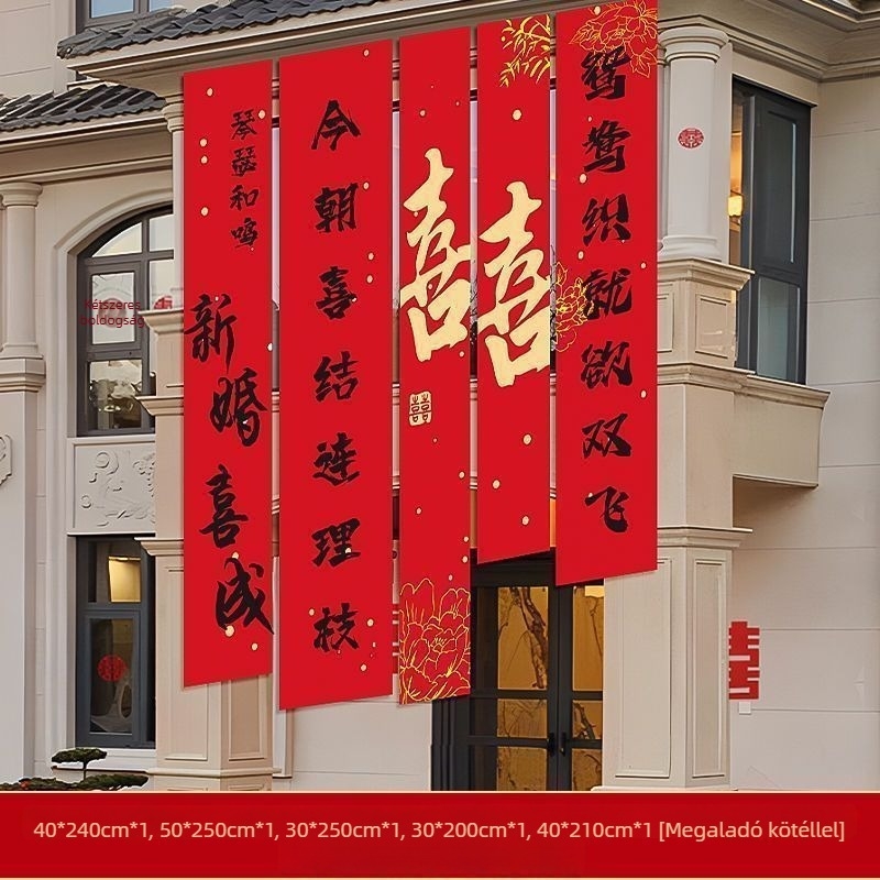 Esküvői helyszín dekorációs banner vászonból szöveggel, szalaggal, kínai stílusú kalligráfia, kültéri udvarra