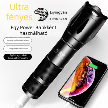 LED zseblámpa power bankkal a telefon töltésére, ultra erős fény, 200–500 m hatótávolság, 1600 mAh, 15 W, kézi generálás