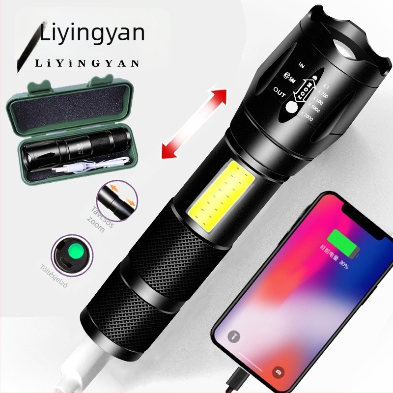 LED zseblámpa power bankkal a telefon töltésére, ultra erős fény, 200–500 m hatótávolság, 1600 mAh, 15 W, kézi generálás