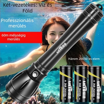 Búvár zseblámpa – alumíniumötvözet test, LED fényforrás, 7200 mAh akkumulátor, hatótávolság akár 500 m, többfunkciós