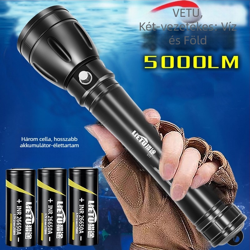 Búvár zseblámpa – alumíniumötvözet test, LED fényforrás, 7200 mAh akkumulátor, hatótávolság akár 500 m, többfunkciós