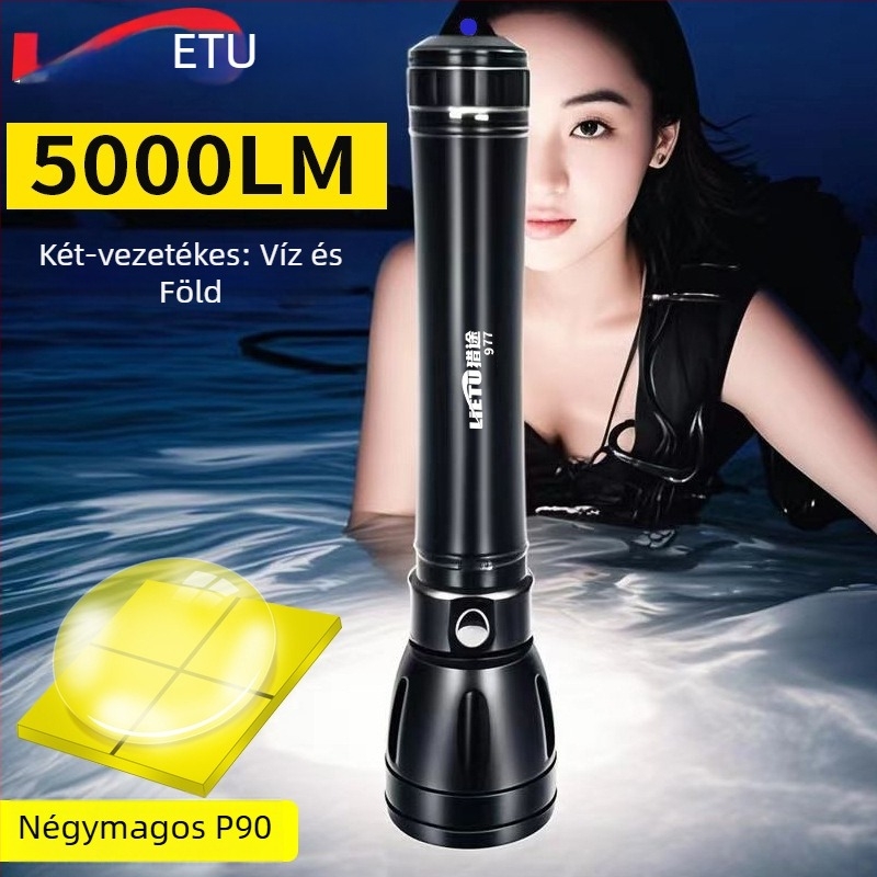 Búvár zseblámpa – alumíniumötvözet test, LED fényforrás, 7200 mAh akkumulátor, hatótávolság akár 500 m, többfunkciós