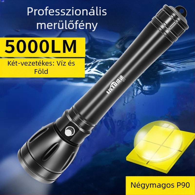 Búvár zseblámpa – alumíniumötvözet test, LED fényforrás, 7200 mAh akkumulátor, hatótávolság akár 500 m, többfunkciós