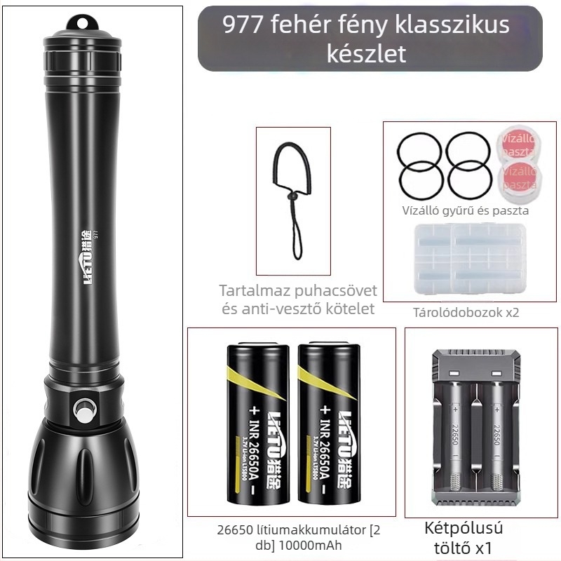 Búvár zseblámpa – alumíniumötvözet test, LED fényforrás, 7200 mAh akkumulátor, hatótávolság akár 500 m, többfunkciós