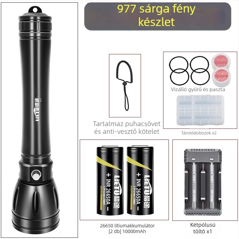 Búvár zseblámpa – alumíniumötvözet test, LED fényforrás, 7200 mAh akkumulátor, hatótávolság akár 500 m, többfunkciós