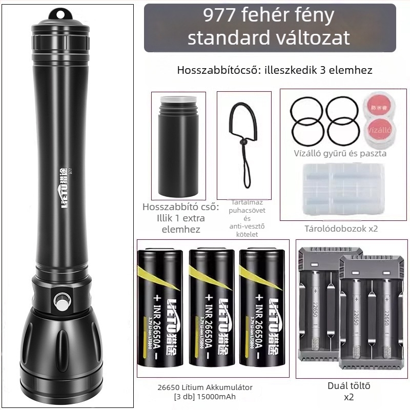 Búvár zseblámpa – alumíniumötvözet test, LED fényforrás, 7200 mAh akkumulátor, hatótávolság akár 500 m, többfunkciós