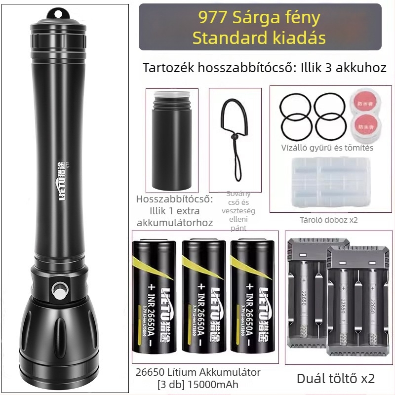 Búvár zseblámpa – alumíniumötvözet test, LED fényforrás, 7200 mAh akkumulátor, hatótávolság akár 500 m, többfunkciós